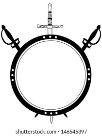Isolated 16th Century Round War Shield with Crossed Swords Vector