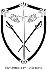 Isolated 16th Century War Shield with Ingraved Crossed Swords and Gloves Vector