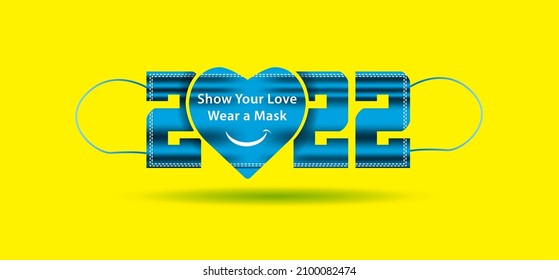 Isolated 2022 Number Design With Happy Heart And Medical Mask. Vector Illustration