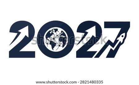 Isolated 2027 year number design with upward arrows and globe icon symbolizing progress and global focus on a clean white background. Perfect for futuristic themes.