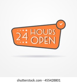 Isolated 24 hours label in graphic style with stylized clock and shadow. Emblem vector stock image.