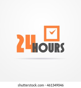 Isolated 24 hours label in graphic style with stylized clock and shadow. Emblem vector stock image.