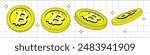 Isolated 2D Bitcoin. Vector set of Golden Coins in different viewing angle. Flat, Сartoon Digital currency. Cryptocurrency. Fintech Blockchain. Currentius Isolated. Illustration in Retro y2k style.