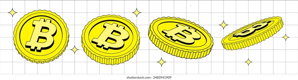 Isolated 2D Bitcoin. Vector set of Golden Coins in different viewing angle. Flat, Сartoon Digital currency. Cryptocurrency. Fintech Blockchain. Currentius Isolated. Illustration in Retro y2k style.