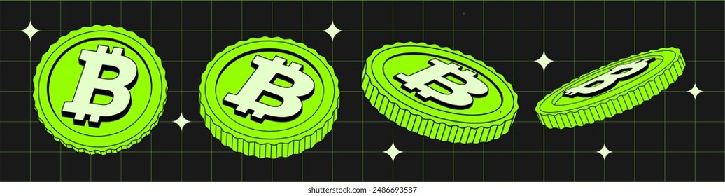 Isolated 2D Bitcoin. Vector set of Green Coins in different viewing angle. Flat, Сartoon Digital currency. Cryptocurrency. Fintech Blockchain. Currentius Isolated. Illustration in Retro y2k style.