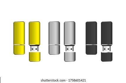 Unidades de lápiz USB aisladas de 3 discos, negro, blanco, dorado, vector
