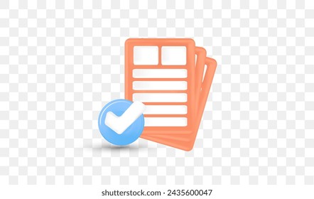 Isolated 3D Approved Document Paper Icon. Stack of Sheets with Approval Check. Verified Business Concept, Document. Business Contracts. Vector Illustration