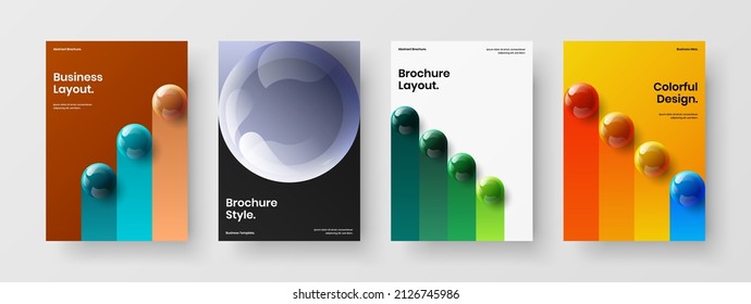Juego de concepto de volante de bolas 3D aisladas. Nuevo folleto corporativo Composición de ilustraciones vectoriales de diseño A4.