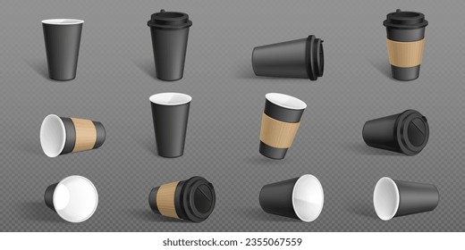 Isolated 3d black paper coffee cup vector mockup template. Take away mug for hot latte drink with lid and brown sleeve holder design. Realistic cappuccino cardboard container side, inside, front view