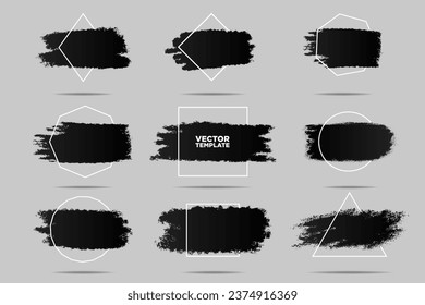 Isolated 3D Brush Strokes with geometric frames. Big black grunge paint strokes for backgrounds, grunge textured effect. Painted graphic resource. Vector Illustration. 