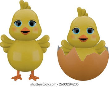 isolated 3d chicks. yellow chick in hatched egg. easter chicks