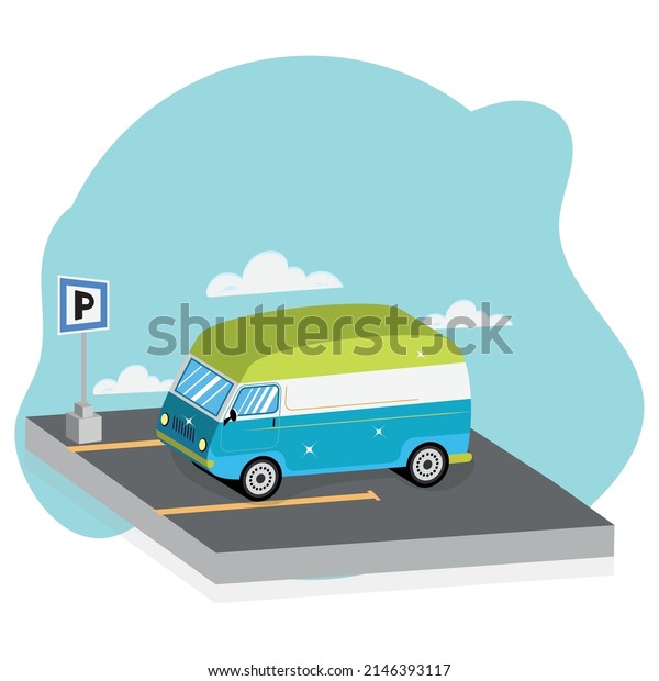 Isolated\
3d colored van vehicle on a parking slot\
Vector
