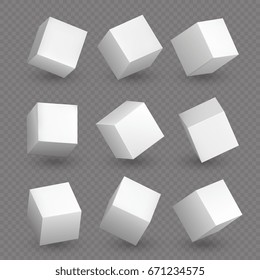 Isolated 3d cubics. White geometric cubes or block box shapes with shadows vector set