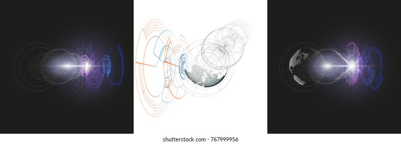 Isolated 3D dotted world globes with abstract construction, connecting lines on white background. Vector design, structure, shape, form, space station. Scientific research. Science, technology concept