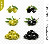 Isolated 3D green and black olives with leaves, seedless, realistic vector set