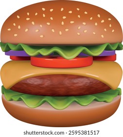 isolated 3d hamburger.with salad, cheese, tomatoes and onions.  fast food burger realistic illustration