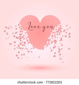 Isolated 3D hearts explosion for Valentine's day or wedding card. Vector pink banner