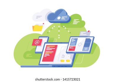 Isolated 3d isometric information processing with cell phone, laptop and computer tablet. Concept mobile modern technology device with cloud service. Low poly. Vector illustration.