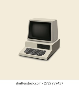 Ilustración vectorial isométrica 3D aislada de una computadora personal vintage con monitor y teclado sobre fondo crema.