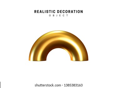 Isolated 3d object of geometric shapes cut by torus, bagel, metal half donut. Gold color element
