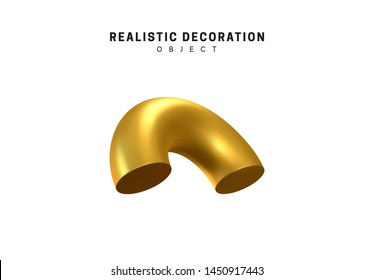 Isolated 3d object of geometric shapes cut by torus, bagel, metal half donut. Gold color element