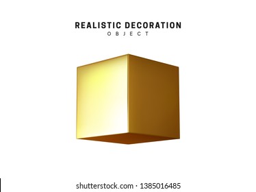 Isolated 3d object Shapes cube and geometric block, square. Gold color Element
