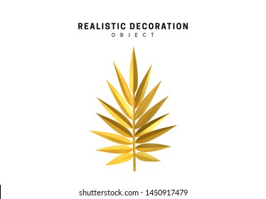 Isolated 3d object Shapes golden palm branch, palm leaves. Gold color element