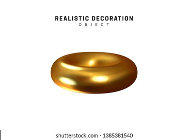 Isolated 3d object Shapes torus, bagel with hole, metal donut. Gold color element