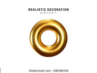 Isolated 3d object Shapes torus, bagel with hole, metal donut. Gold color element