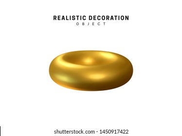 Isolated 3d object Shapes torus, bagel with hole, metal donut. Gold color element