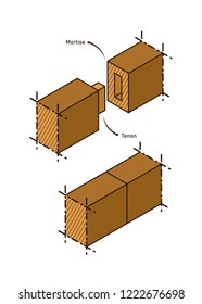 Isolated 3d perspective wood working mortise and tenon joint vector design
