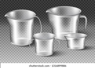 Isolated 3d realistic collection of glass vector measuring cups.