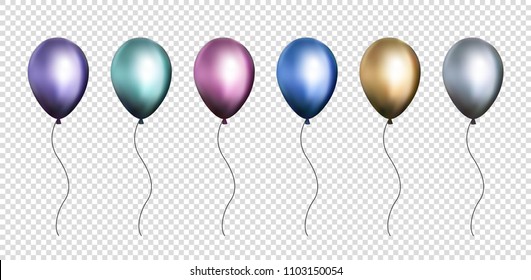 Isolated 3d Realistic Colorful Balloons. Chrome Grey, Pink, Purple, Blue, Green And Gold Glossy Baloons On Transparent Background. Design Elements For Party Or Birthday. Vector Illustration.