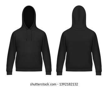 Isolated 3d or realistic man hoodie. Black men hoody with muff or kangaroo pocket, drawstrings. Sweatshirt or sweater with hood. Front and back of casual, sport clothing with long sleeve. Cloth mockup