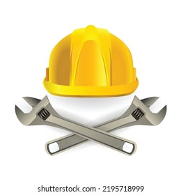 Isolated 3D Realistic Safety Wear Yellow Plastic Helmet and Screw Wrench Vector Illustration. Labor Day September. Industrial job worker head wear and tools graphic resource. Editable digital design