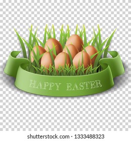 Isolated 3d realistic vector Easter Eggs template for your ad, web, banner and card with eggs, grass and green ribbon.