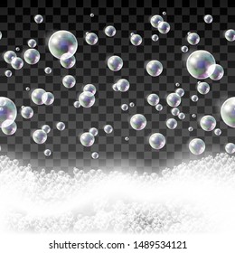 Isolated 3d realistic vector seamless pattern with soap bubbles and shampoo foam.
