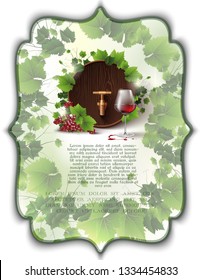 Isolated 3d realistic vector template with wine cask, grapes and red wine glass with sun glowing sparkles. For you ad, web, banner or card, bottle packaging.