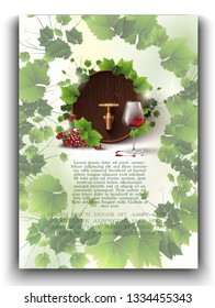 Isolated 3d realistic vector template with wine cask, grapes and red wine glass with sun glowing sparkles. For you ad, web, banner or card, bottle packaging.
