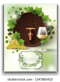 Isolated 3d realistic vector template with wine cask, grapes and white wine glass with sun glowing sparkles. For you ad, web, banner or card, bottle packaging.