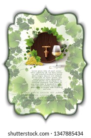 Isolated 3d realistic vector template with wine cask, grapes and white wine glass with sun glowing sparkles. For you ad, web, banner or card, bottle packaging.