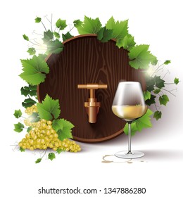 Isolated 3d realistic vector template with wine cask, grapes and white wine glass with sun glowing sparkles. For you ad, web, banner or card, bottle packaging.