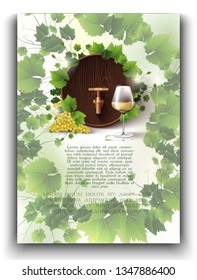 Isolated 3d realistic vector template with wine cask, grapes and white wine glass with sun glowing sparkles. For you ad, web, banner or card, bottle packaging.