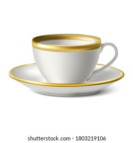 Isolated 3d realistic vector white porcelain cup with golden borders and a plate on white background.