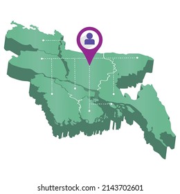 Isolated 3d render map of Bangladesh with a map pin Vector
