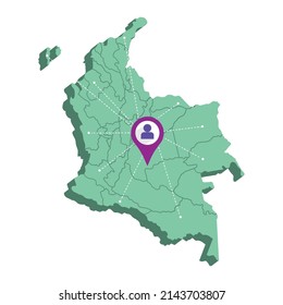 Isolated 3d render map of Colombia with a map pin Vector