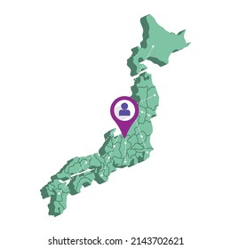 Isolated 3d render map of Japan with a map pin Vector