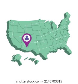 Isolated 3d render map of United States with a map pin Vector