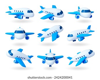 Isolated 3d render planes. Cartoon aircrafts, air travel and transportation. Realistic plane different rotates, airplane pithy vector icons