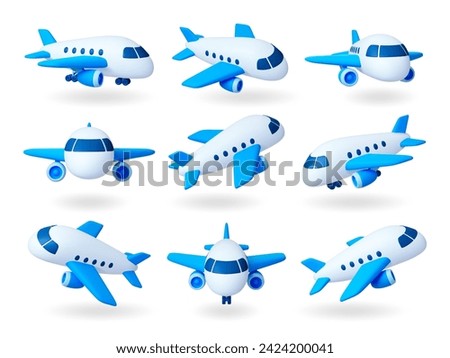 Isolated 3d render planes. Cartoon aircrafts, air travel and transportation. Realistic plane different rotates, airplane pithy vector icons